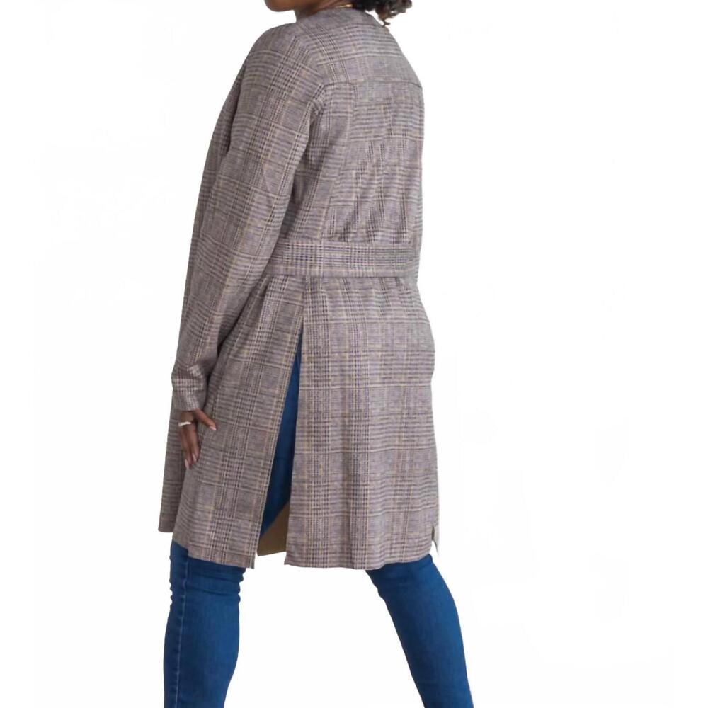 NEW DAVI & DANI plaid suede longline side slitted hem blazer without lapel in bl